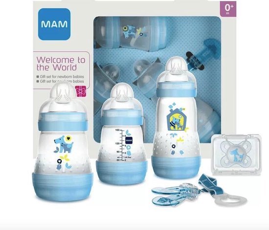 Mam starter set Blauw - 2x Anti-Colic flesjes 160 ml, 1 flesje Anti-Colic 260 ml, 1 speen START, 1 speenkoord