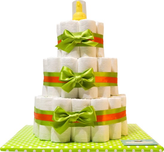 Luiertaart - Pampertaart Neutraal 3 Laags Wasschuim - 53 Pampers - Groen Oranje
