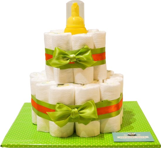 Luiertaart - Pampertaart Neutraal 2 Laags Wasschuim - 29 Pampers - Groen Oranje