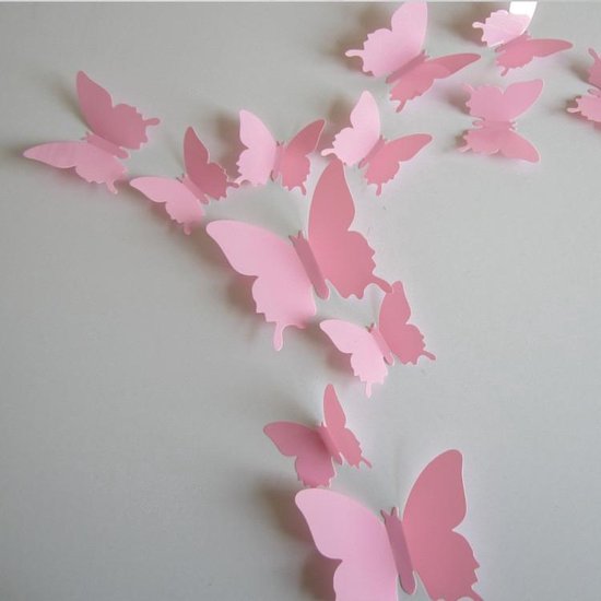 3D Vlinders Rose (12 stuks) - Muursticker / Muurdecoratie voor Kinderkamer / Babykamer / Woonkamer