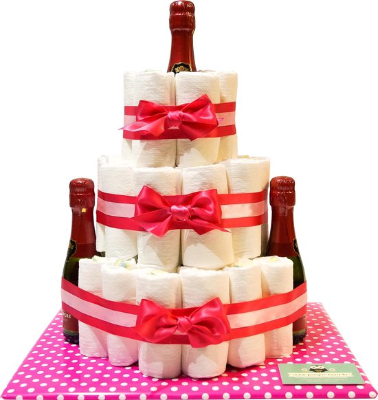 Luiertaart - Pampertaart Meisje 3 Laags Mini Cava - 51 Pampers - Roze