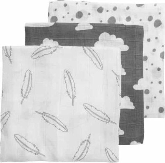 Meyco Feather-Clouds-Dots 3-pack hydrofiele luiers - 70 x 70 cm - Grijs/wit