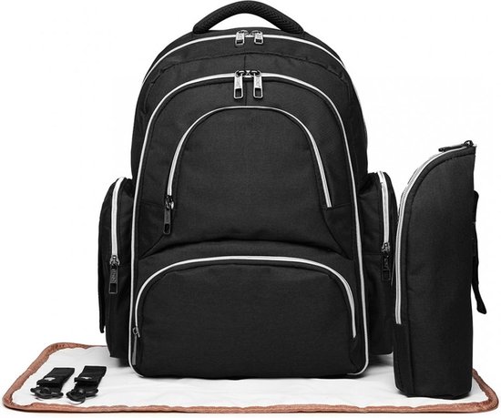 Miss Lulu Luiertas Rugzak – 4 delige Luiertas – Inclusief Kinderwagen Haken, Flessenhouder en Verschoningsmat  - Zwart (E6706 BK)