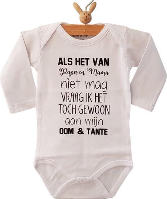 Rompertje Als het van papa en mama niet mag vraag ik het toch gewoon aan mijn oom en tante | Lange mouw | wit | maat 50/56 jongen meisje unisex
