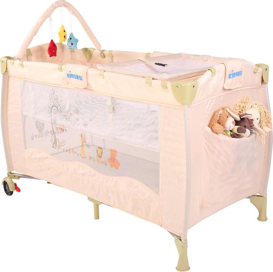 Campingbedje, beige, met aankleedkussen, reisbedje, logeerbedje, speelboog, met wieltjes, opbergtas