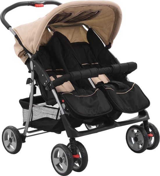 vidaXL Tweelingkinderwagen staal taupe en zwart