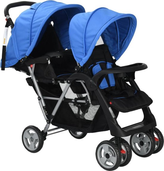 Tweeling kinderwagen Blauw en Zwart - Kinderwagen Tweeling - Tweeling Buggy - Duo Kinderwagen - Dubbele kinderwagen