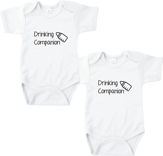 Rompertjes baby met tekst - Drinking Companion - Tweeling - Wit - Maat 62/68 - Set van 2 rompertjes - Kraamcadeau - Babygeschenk - Romper - Valentijn - Moederdag - Vaderdag - Tweeling Romper
