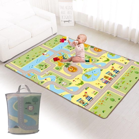 Mamabrum Speelkleed Dubbelzijdig - Verkeerskleed Stad en Wegen - Foamen Speelmat - Opbergtas - Speel Kleed 120x180cm