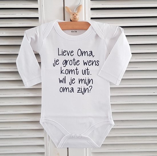 Baby Rompertje met tekst bekendmaking zwangerschap aankondiging - announcement lieve oma je grote wens komt uit wil jij mijn oma zijn ? | lange mouw | wit zwart | maat 50-56|  Cadeau voor de liefste aanstaande oma