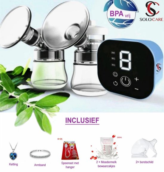 Solo Care Borstkolf- Borstkolf Electrisch dubbel- Baby born- Borstvoeding- Zwanger- Moedermelk bewaarzakjes- LCD display- Inclusief Accessoires kleur Blauw