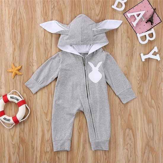 Budino Baby Romper Pyjama Onesie Konijn Dier - Grijs - 6 mnd