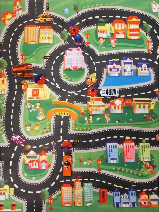 Autospeelkleed binnenstad 80 x 70 cm inclusief speelgoed autootjes -  Speelkleed setje met autos