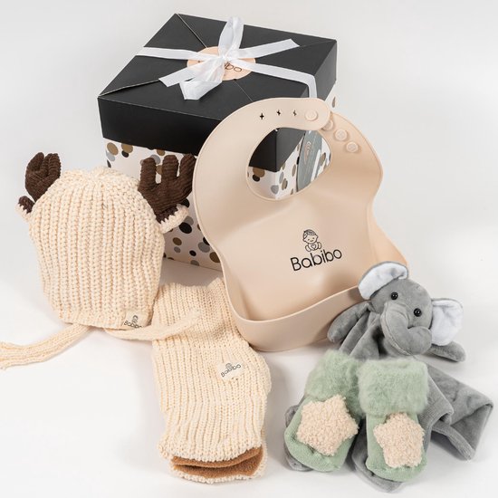 Kraamcadeau Jongen | Kraamcadeau Unisex | 5 in 1 Geschenkset | Babibo | Kraampakket Met Giftcard | Babypakket | Babycadeaus | Babyshower | Babysokjes | Knuffeldoekje | Babymutsje | Babysjaaltje | Babyslabbetje
