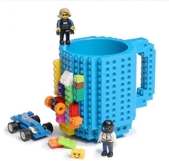 Lego Mok/ Build on Brick Mug - licht blauw - 350 ml - bouw je eigen mok met bouwsteentjes - BPA vrije drinkbeker cadeau voor kinderen of volwassenen - koffie thee limonade of andere dranken - pennenbeker - creatief accessoire voor op bureau -HnD