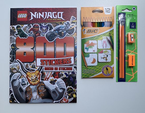 LEGO® -NINJAGO LEGACY - doeboek: lezen, kleuren en plakken - 800 stickers + BIC kleurpotloden + Staedtler neon set: 2HB potloden, gum en puntenslijper