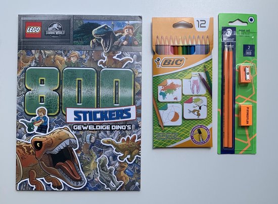 LEGO® - JURASSIC WORLD - doeboek: lezen, kleuren en plakken - 800 stickers + BIC kleurpotloden + Staedtler neon set: 2HB potloden, gum en puntenslijper