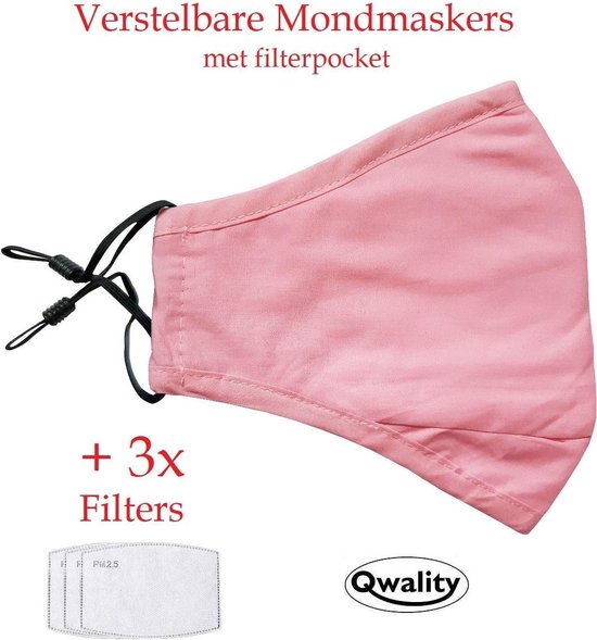 Mondkapje Wasbaar - MET Filter Zakje en 3 Filters - Verstelbaar Mondmasker - Stof - Katoen - Met Neusbrug - Roze - Qwality