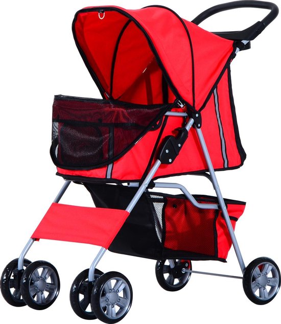 PawHut Hondenbuggy met zonnedak en opbergnet rood 75 x 45 x 97cm