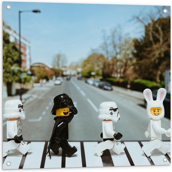 Tuinposter – Lego Mannen in Kostuum - 80x80cm Foto op Tuinposter  (wanddecoratie voor buiten en binnen)