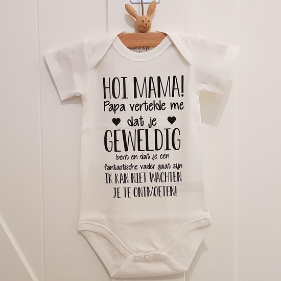 Baby rompertje met tekst bekendmaking zwangerschap Hallo mama,  papa vertelde dat je geweldig bent en een geweldige moeder wordt. Ik kan niet wachten .. ontmoeten Cadeau voor liefste aanstaande bekendmaken aankondiging bekend maken worden