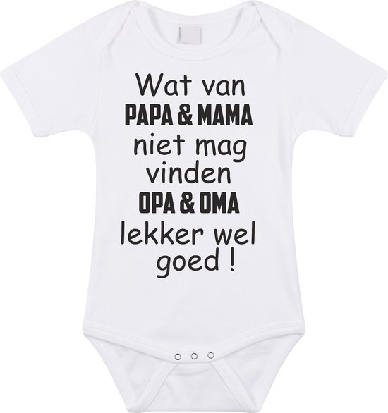 Baby rompertje met leuke tekst | wat van papa mama niet mag vinden opa en oma lekker wel goed |zwangerschap aankondiging | cadeau papa mama opa oma oom tante | kraamcadeau | Maat 68 wit