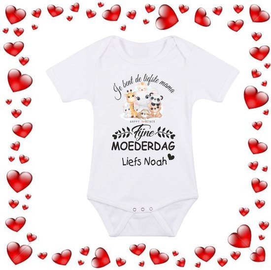 Moederdag baby romper voor mamma met tekst en print dieren en eigen naam mt 56 t/m 92
