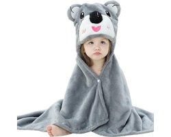 BoefieBoef Baby Kinderdeken Koala – Superzachte Flanellen Fleece Badcape, Wikkelcape en Speelkleed in één – jongens en meisjes – Kinderdeken voor Peuters – Origineel Kraamcadeau, Kerstcadeau en Carnaval Outfit – Babykleedje met Dierenprint – Grijs