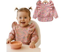 Joya Kids® Slabber Lange Mouwen Roze met Brede Opvangbak | Peuter Kliederschort met Pofmouwen | Verfschort | Schattig Baby Slabbertje Meisje / Schort | Mouwslab | Mouwslabber met Roze Bloemen | Maat M | 12 tot 24 Maanden Oud